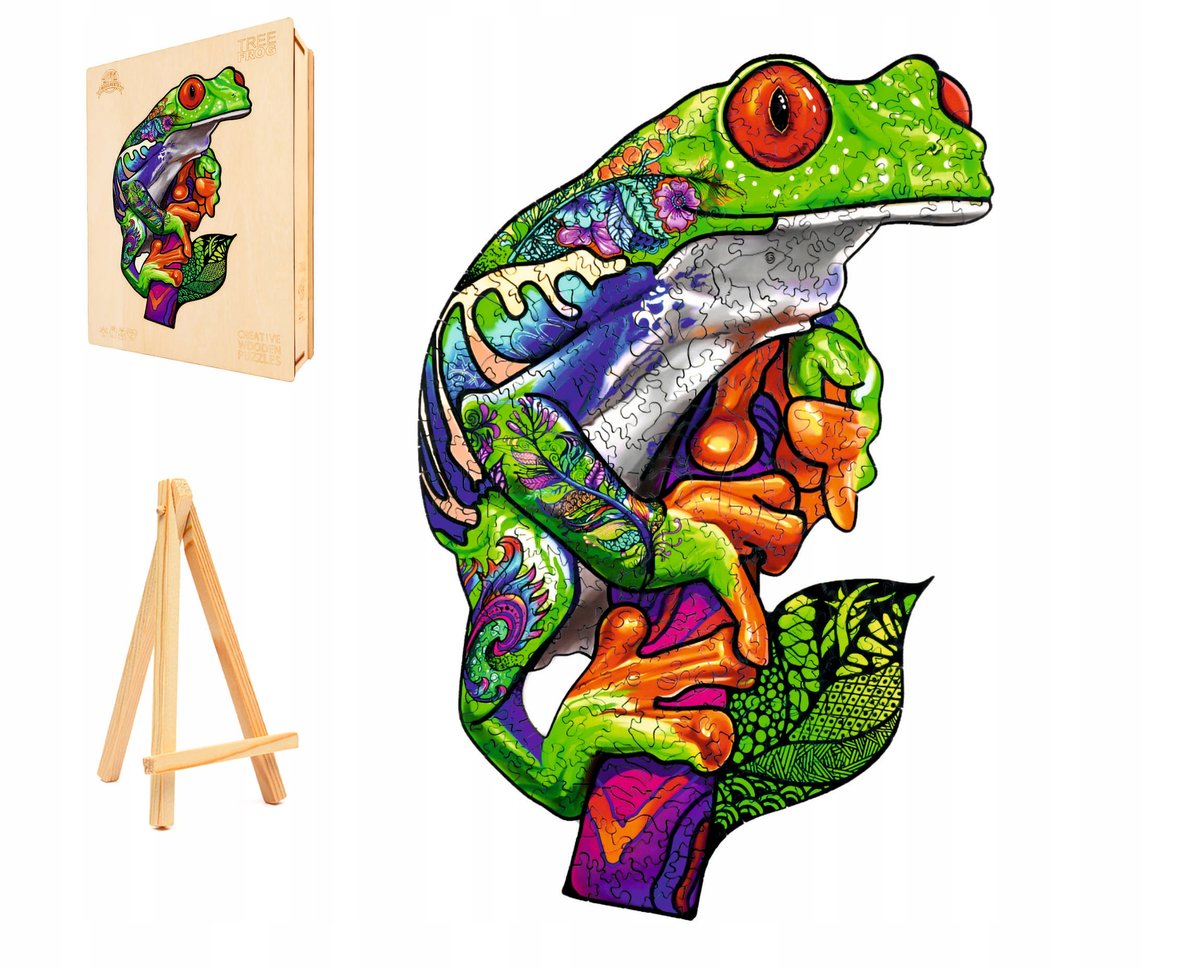 PUZZLE DREWNIANE DLA DOROSŁYCH DUŻE 303 ELEMENTY ŻABA W DREWNIANYM PUDEŁKU