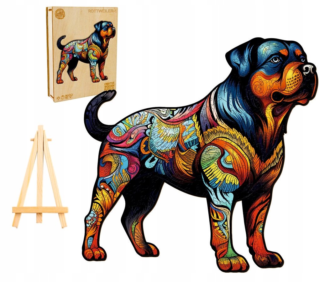 PUZZLE DREWNIANE DUŻE 300 ELEMENTÓW ROTTWEILER W DREWNIANYM PUDEŁKU