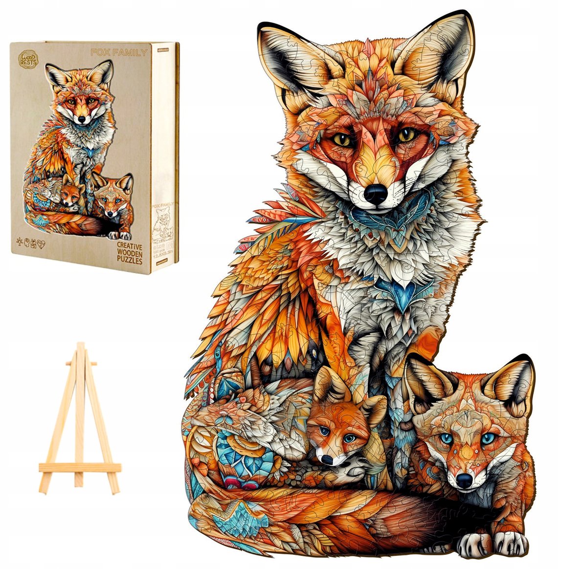 PUZZLE DREWNIANE DUŻE 300 ELEMENTÓW RODZINA LISÓW W DREWNIANYM PUDEŁKU