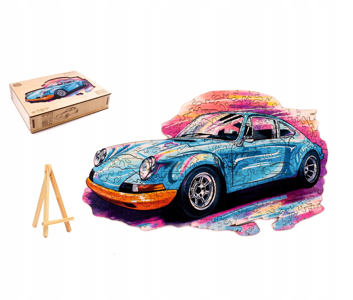 PUZZLE DREWNIANE DUŻE 260 ELEMENTÓW SPORTOWY SAMOCHÓD W DREWNIANYM PUDEŁKU