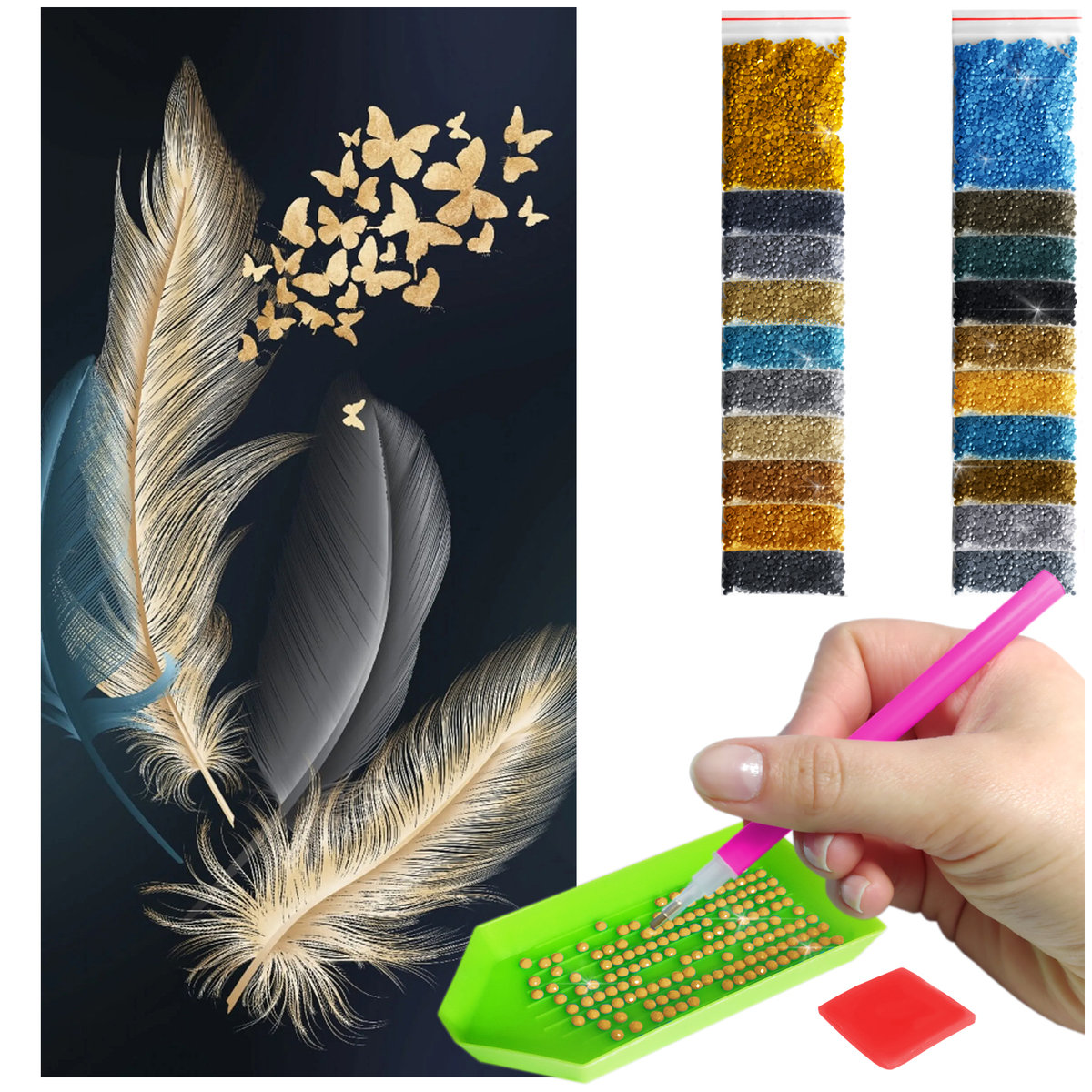 Haft Diamentowy ARTULIO, Obraz DIY 5D, Diamond Painting, Mozaika Diamentowa 40X80cm (Motyle wylatujące z piór) + Zestaw Akcesoriów