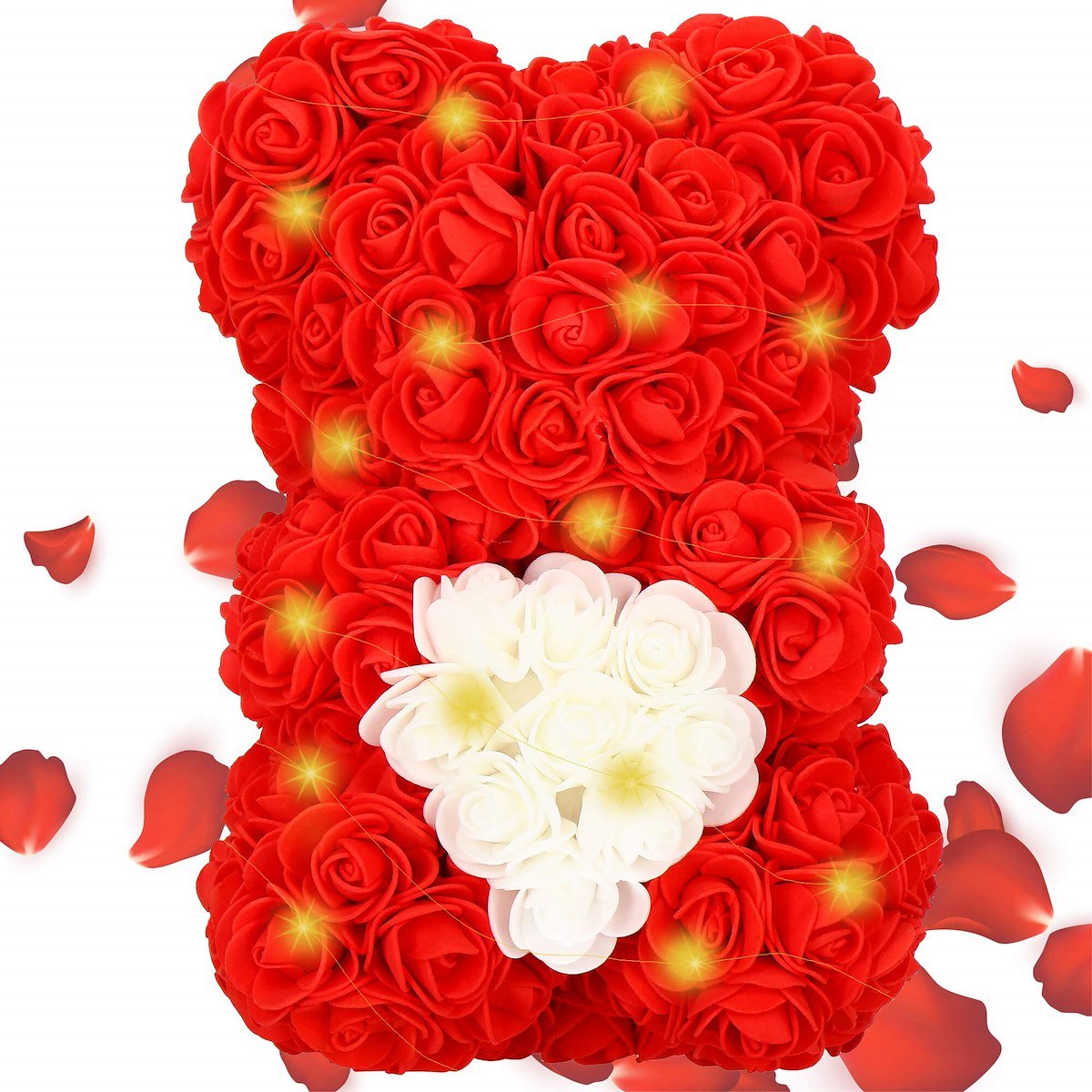 Miś z róż 25 cm czerwony z białym sercem i pudełkiem miś różany LED ciepły biały