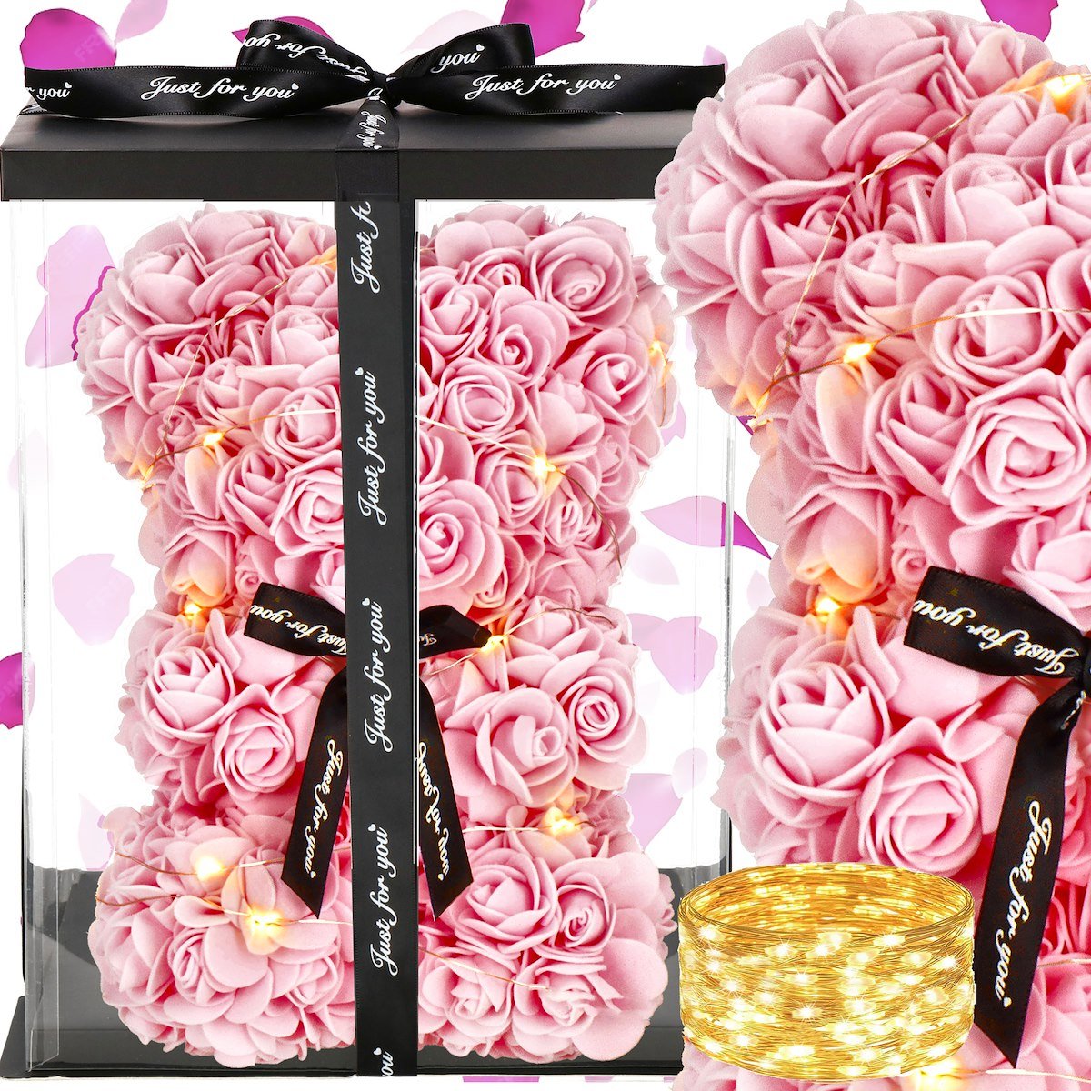 Miś z róż 25 cm różowy w pudełku miś różany LED ciepły biały