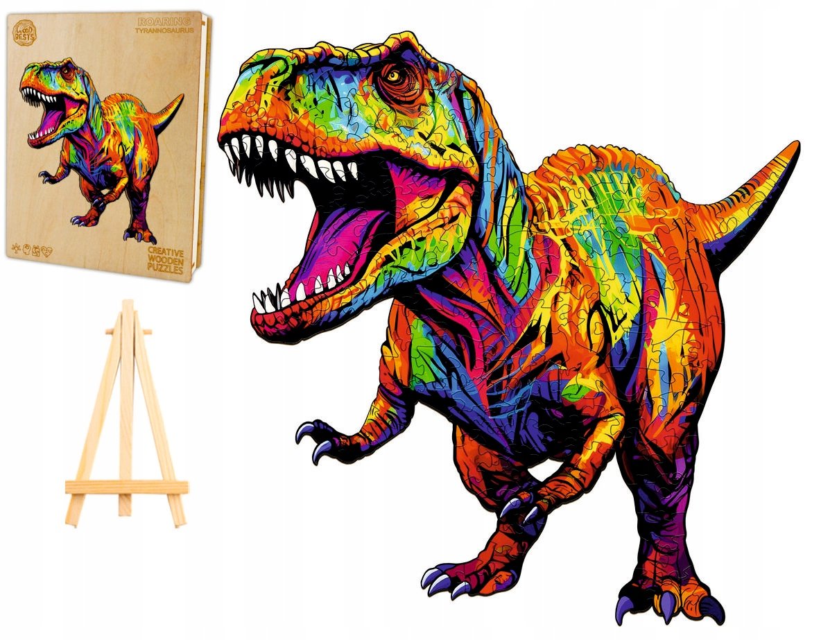 PUZZLE DREWNIANE DUŻE 230 ELEMENTÓW TYRANOZAUR W DREWNIANYM PUDEŁKU