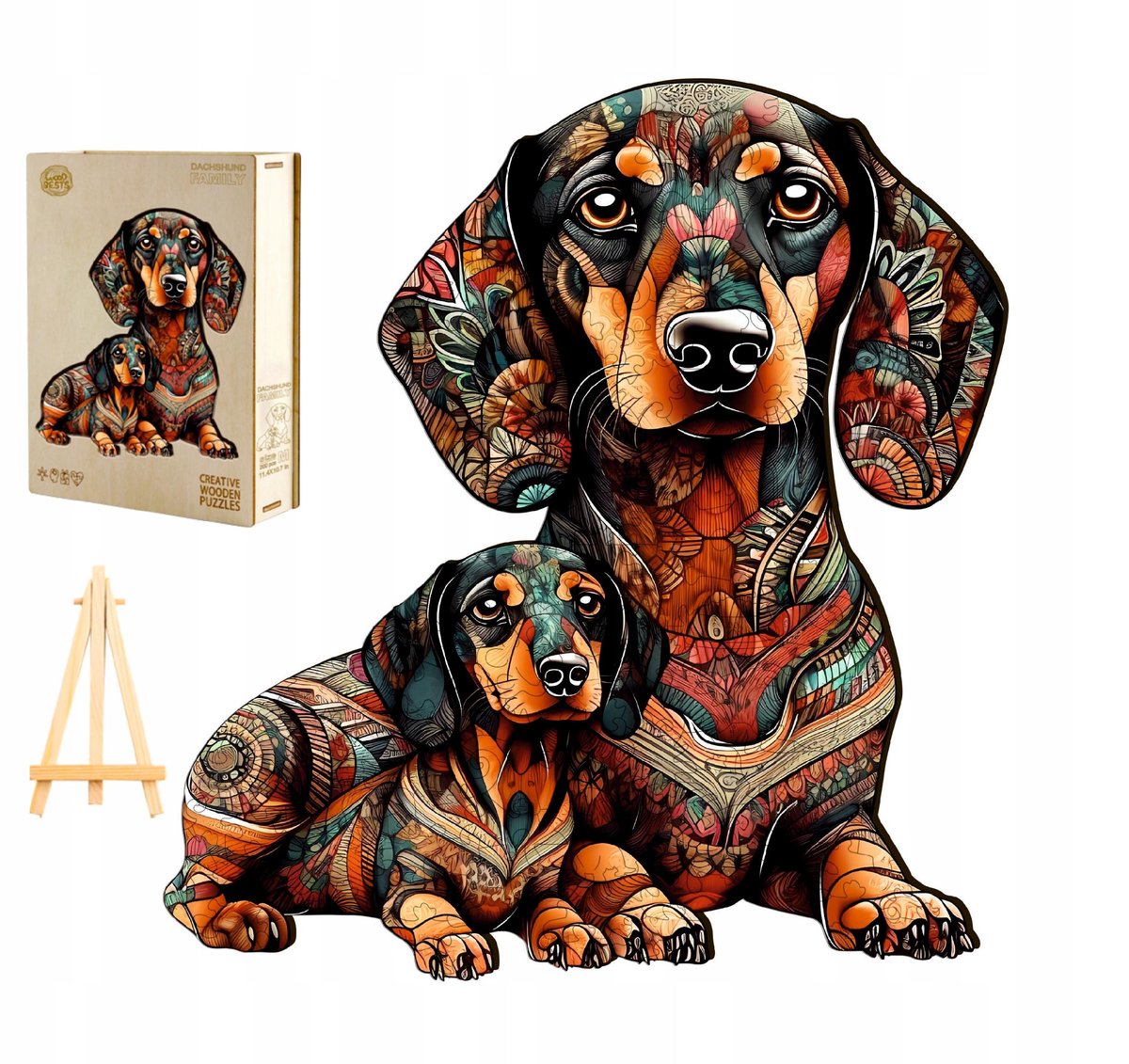 PUZZLE DREWNIANE DUŻE 300 ELEMENTÓW RODZINA JAMNIKÓW W DREWNIANYM PUDEŁKU