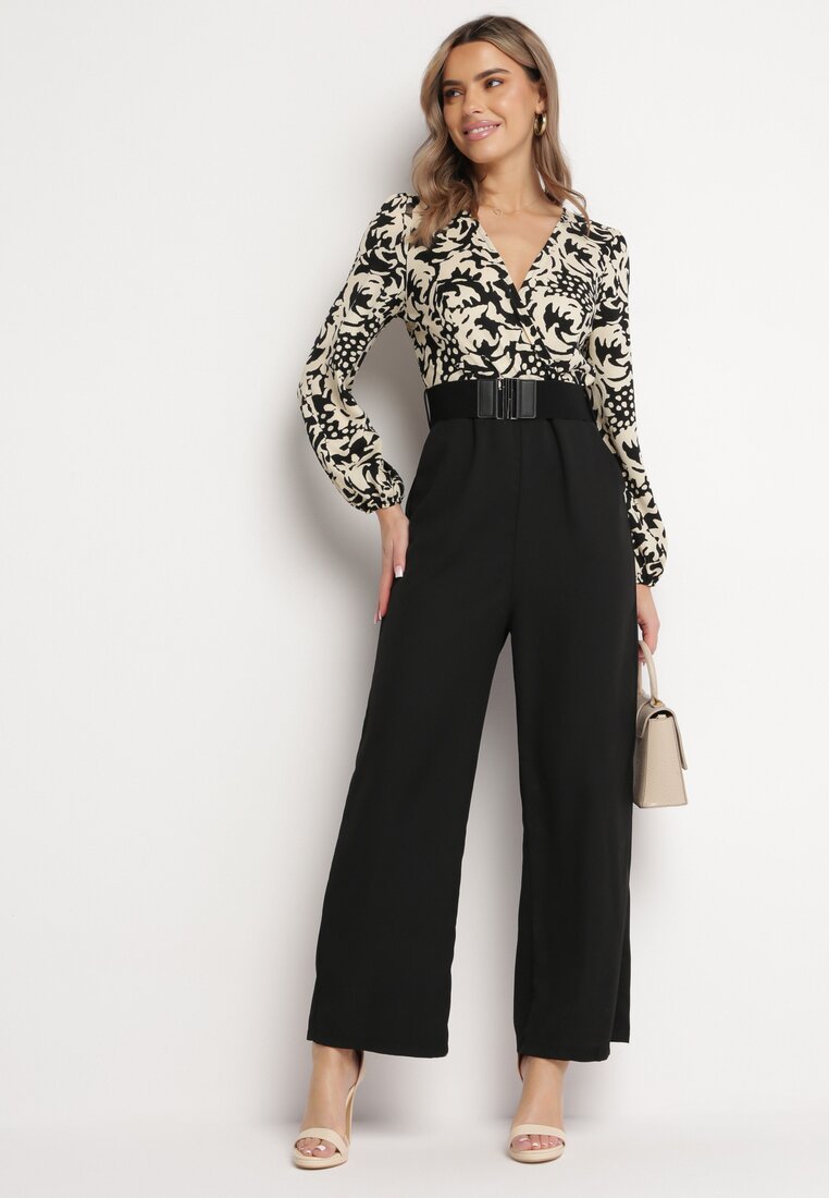 Czarno-Biały Kombinezon z Paskiem Góra w Print i Trójkątny Dekolt Hamiora