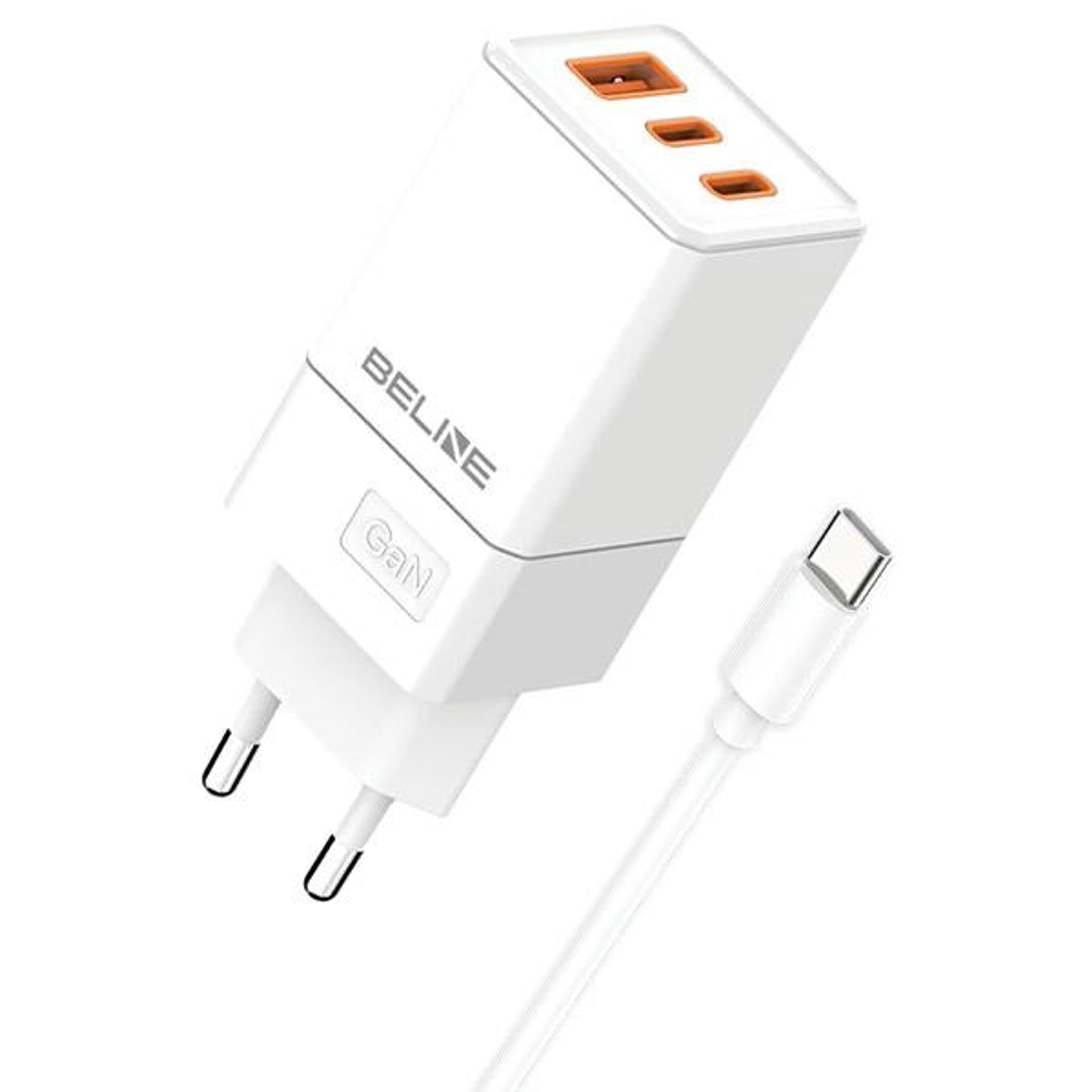 Beline Ład. siec. 2x USB-C + 1x USB 65W + kabel USB-C biały/white PD 3.0 + QC 3.0  BLN3CW65C GaN