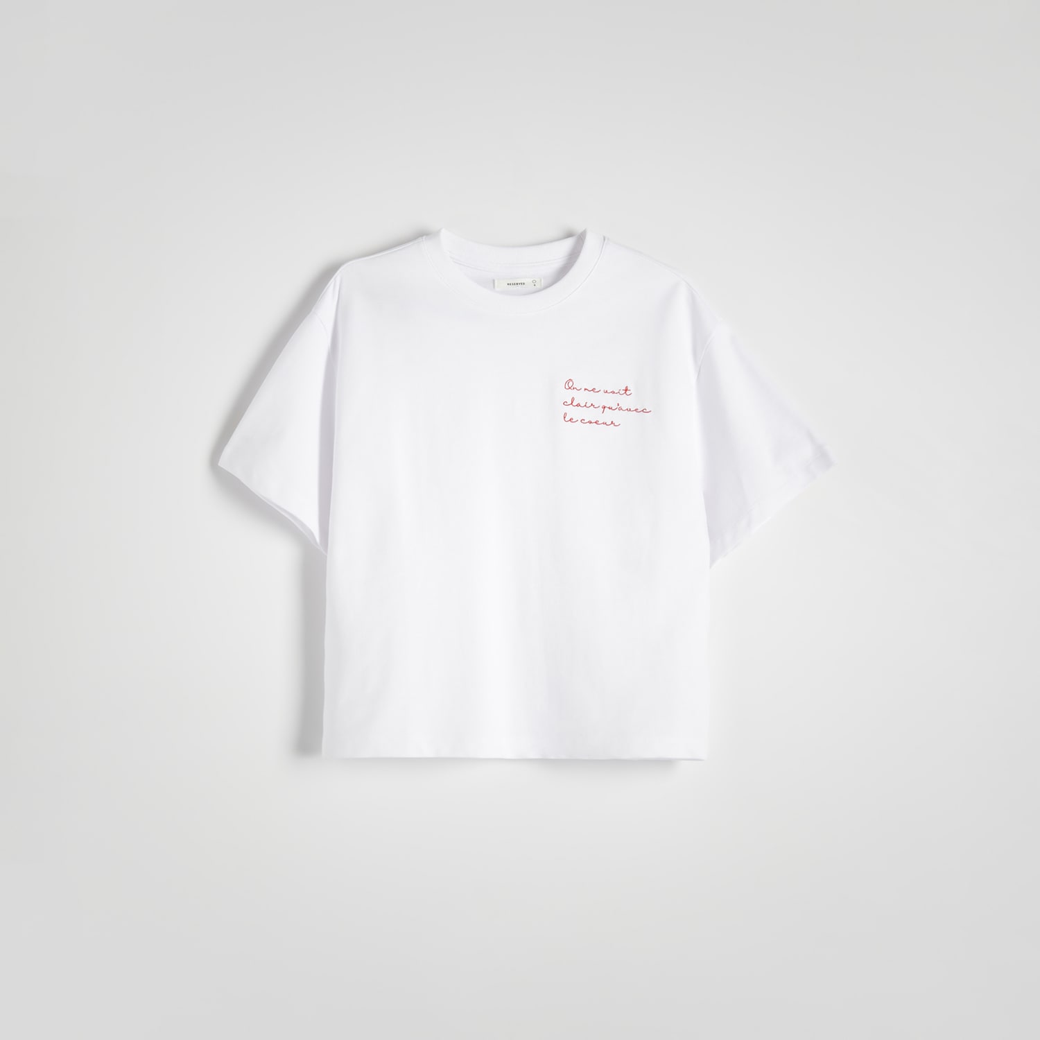 Reserved - T-shirt boxy z haftem - Kremowy