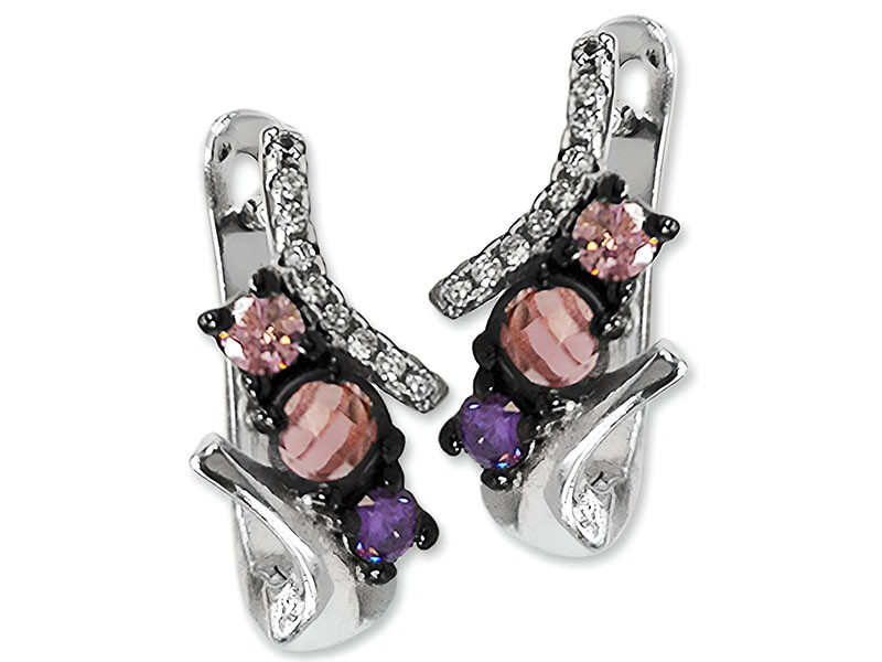 Srebrne kolczyki 925 elegancki wzór z kolorowymi kamieniami różowe cyrkonie fioletowe kamienie