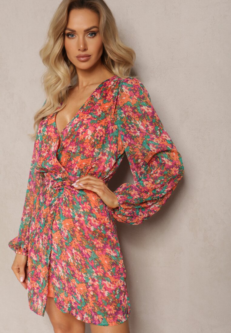 Różowo-Pomarańczowa Krótka Sukienka Kopertowa w Kwiatowy Wzór Ninora