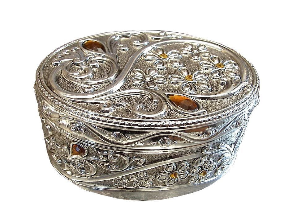 Szkatułka Na Pierścionek Zaręczynowy Posrebrzana Kwiatami Bursztynowymi