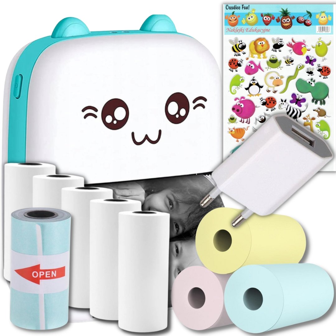 Mini Drukarka Termiczna Dzieci Kot Zdjęcia Notatki + 10 ROLEK PAPIERU + ŁADOWARKA + NAKLEJKI