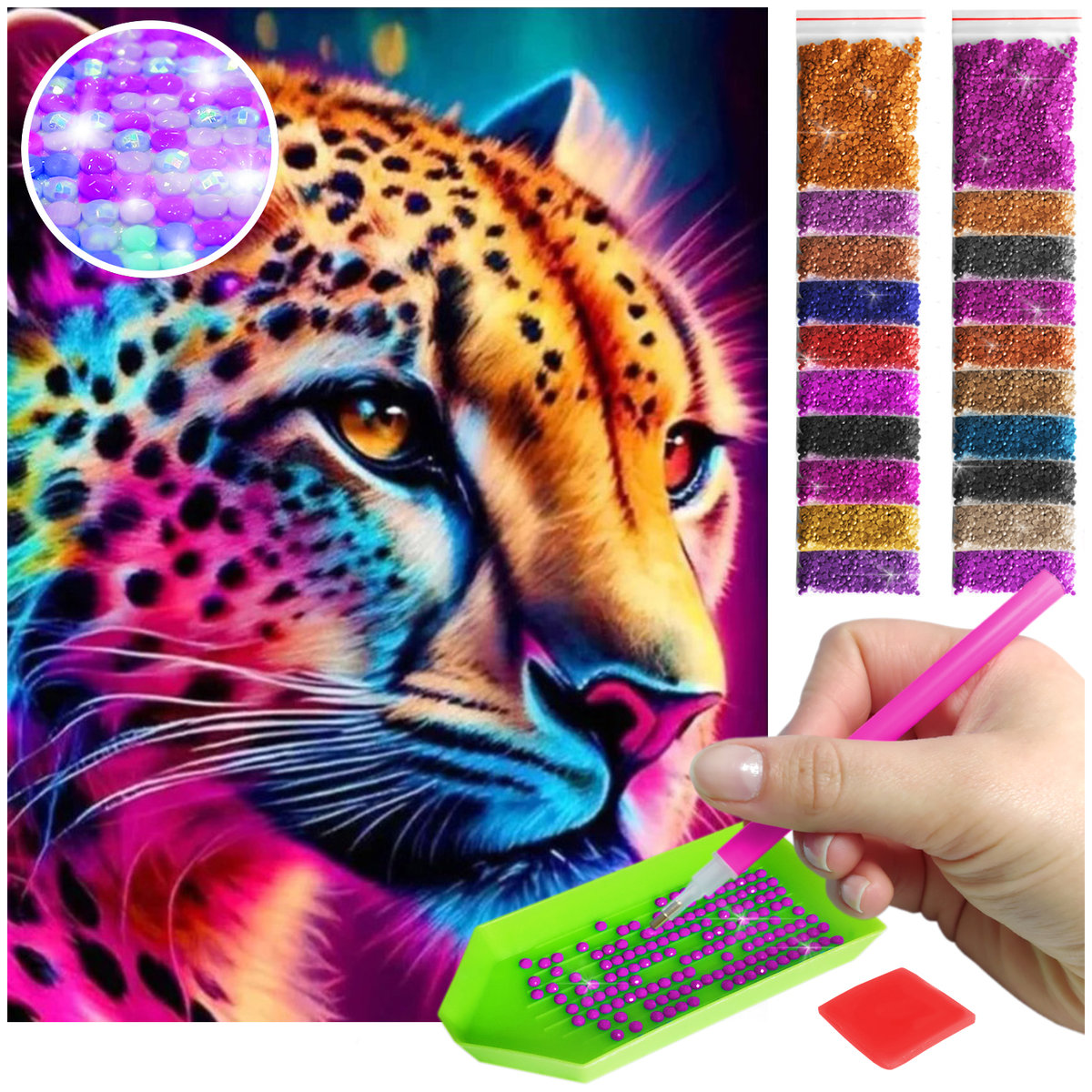 Haft Diamentowy ARTULIO, Obraz DIY 5D, Diamond Painting, Mozaika Diamentowa 30X40cm (Lampart wielokolorowy) + Zestaw Akcesoriów