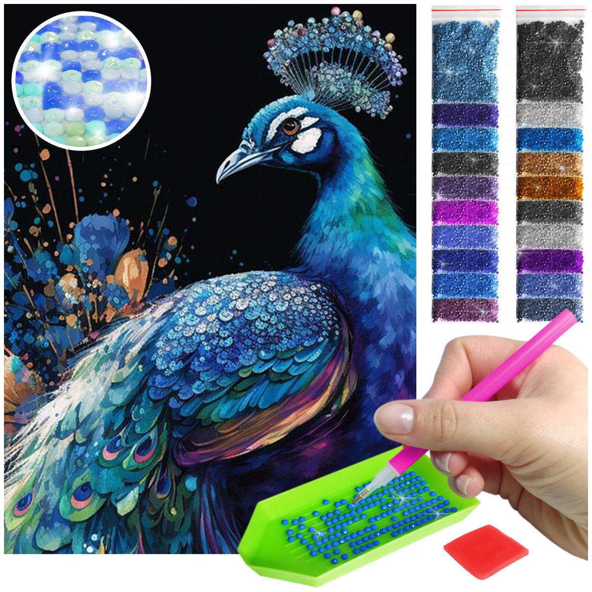 Haft Diamentowy ARTULIO, Obraz DIY 5D, Diamond Painting, Mozaika Diamentowa 30X40cm (Niebieski paw) + Zestaw Akcesoriów