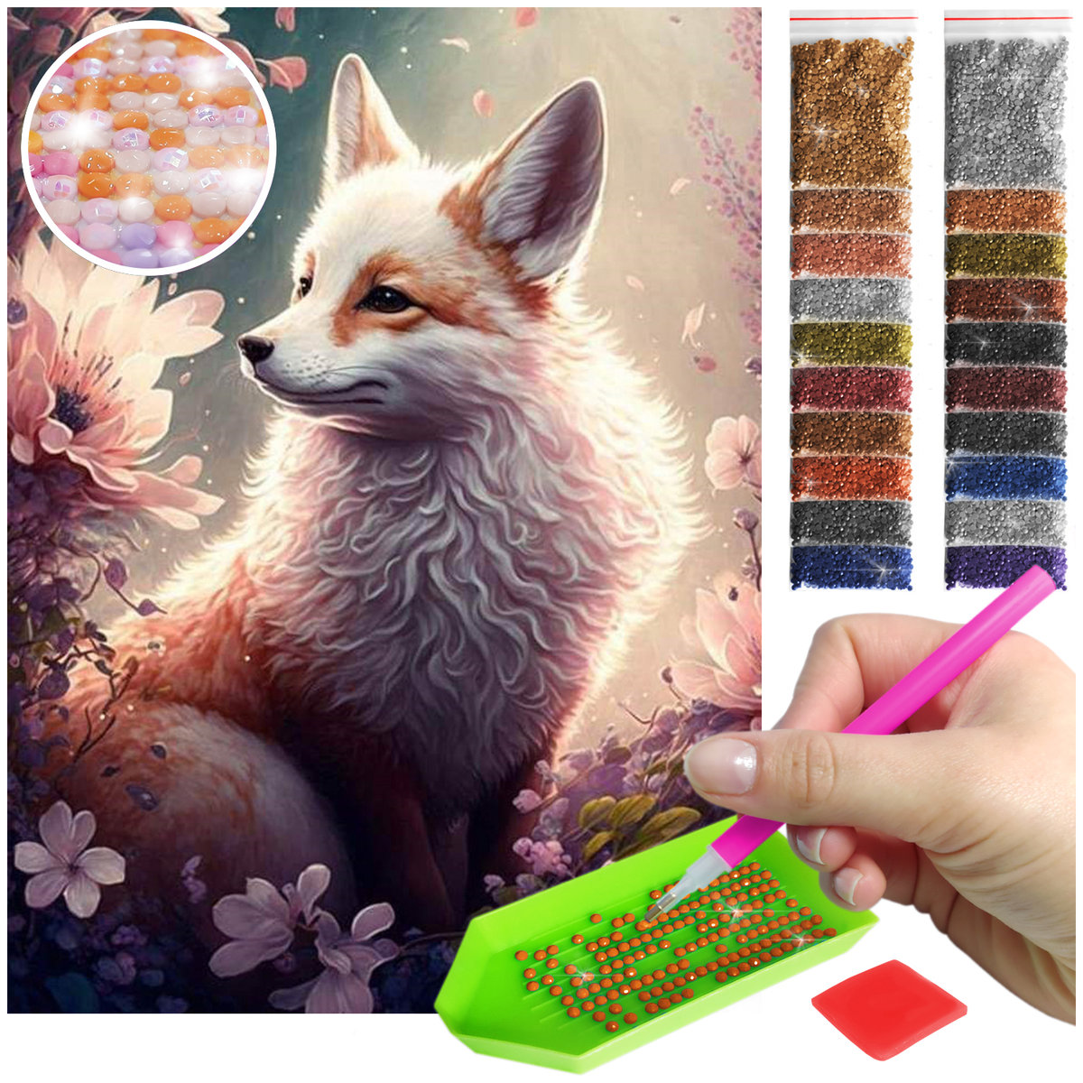 Haft Diamentowy ARTULIO, Obraz DIY 5D, Diamond Painting, Mozaika Diamentowa 30X40cm (Lis pośród kwiatów) + Zestaw Akcesoriów