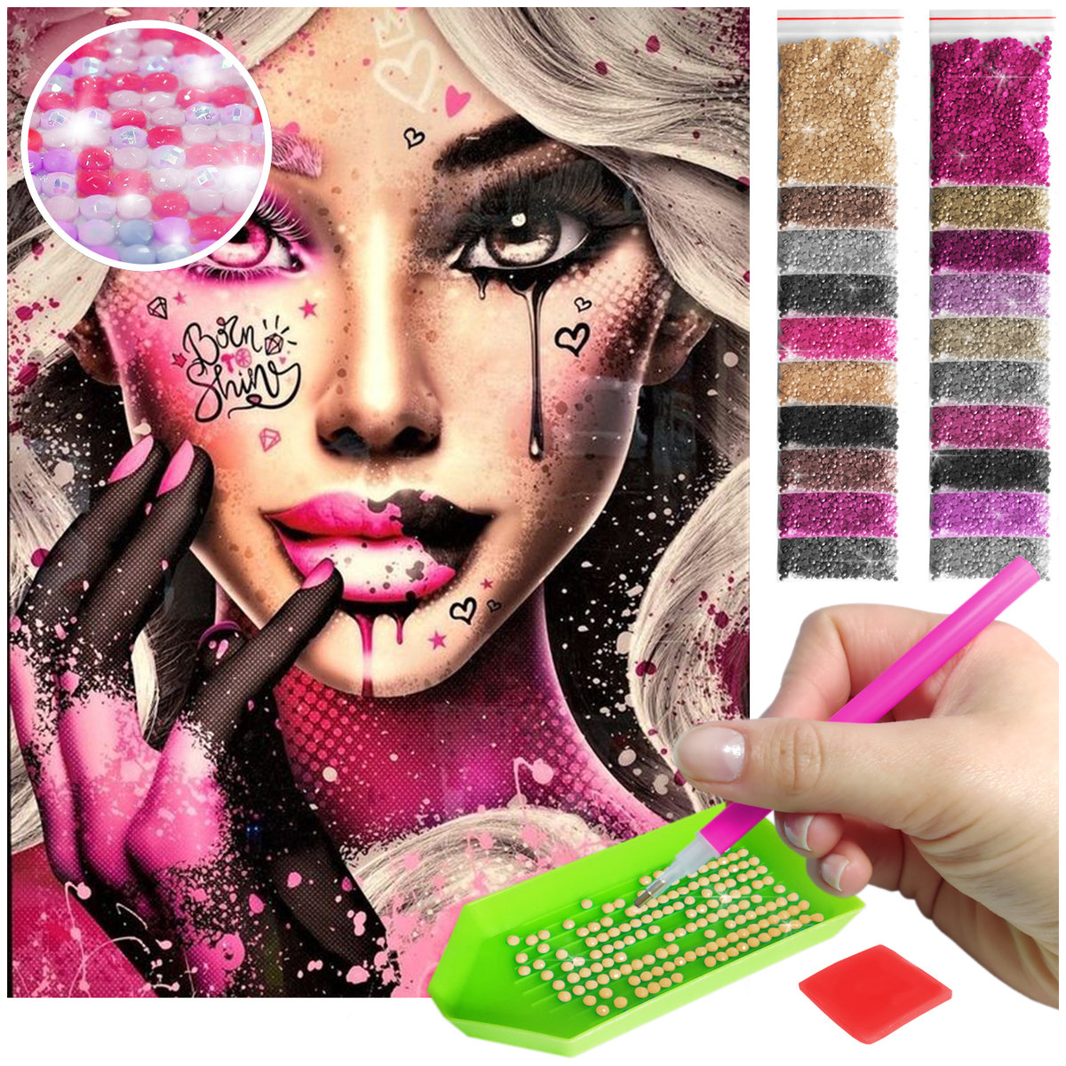 Haft Diamentowy ARTULIO, Obraz DIY 5D, Diamond Painting, Mozaika Diamentowa 30X40cm (Abstrakcyjny makijaż kobiety) + Zestaw Akcesoriów