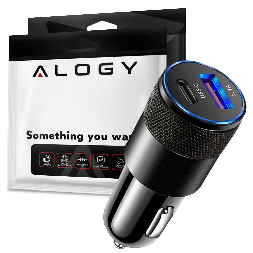 Ładowarka samochodowa Alogy do auta USB-C Type C + USB 3.1A Czarna