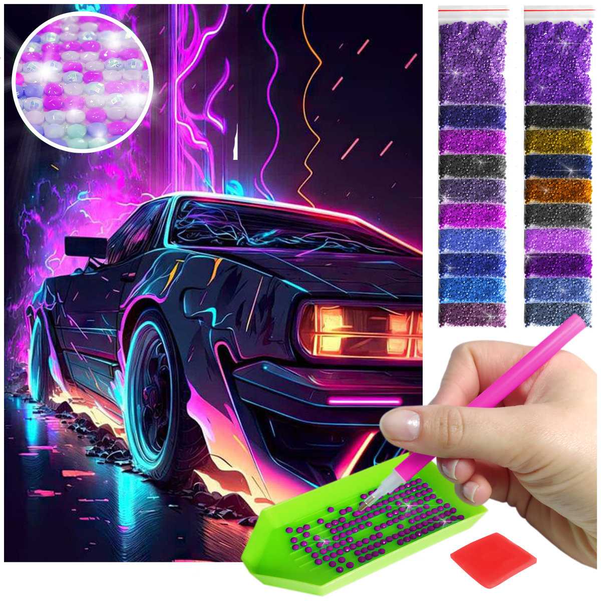 top Haft Diamentowy ARTULIO, Obraz DIY 5D, Diamond Painting, Mozaika Diamentowa 30X40cm (Samochód w neonowych kolorach)) + Zestaw Akcesoriów