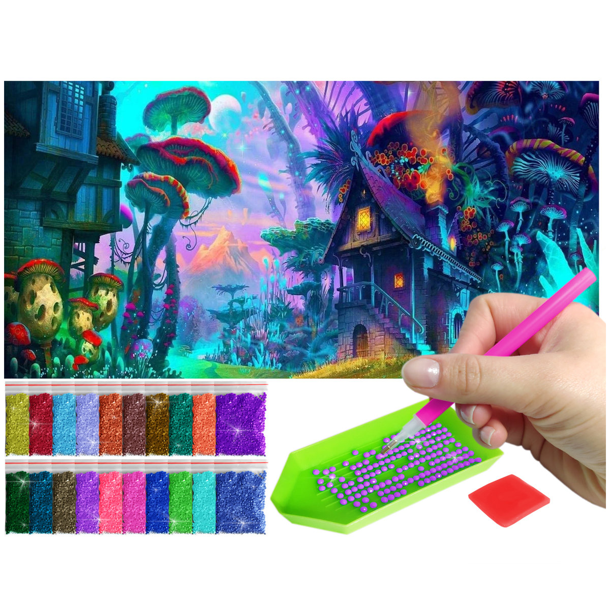 Haft Diamentowy ARTULIO, Obraz DIY 5D, Diamond Painting, Mozaika Diamentowa 40X80cm (Kraina magicznych grzybów) + Zestaw Akcesoriów