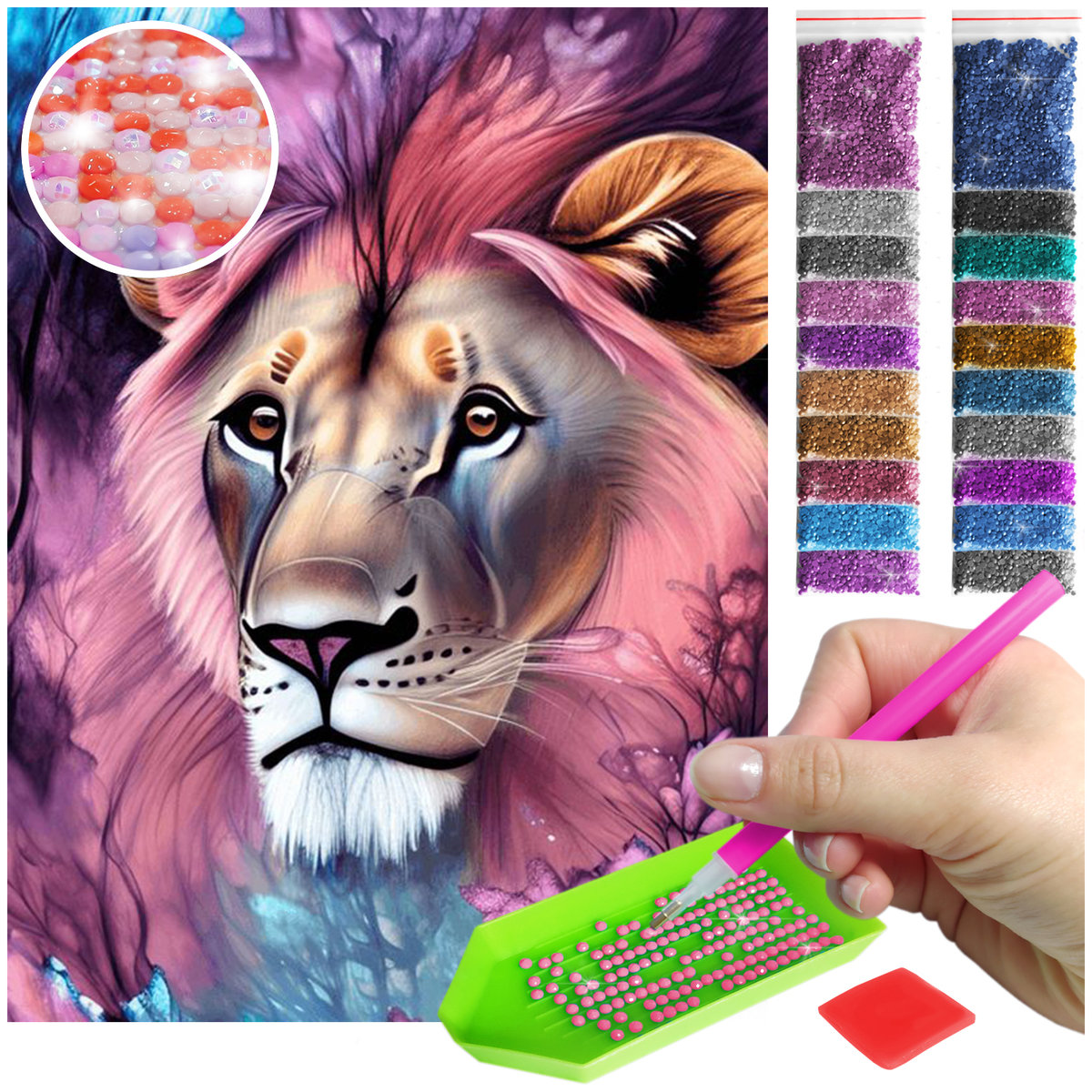 Haft Diamentowy ARTULIO, Obraz DIY 5D, Diamond Painting, Mozaika Diamentowa 30X40cm (Różowy lew) + Zestaw Akcesoriów