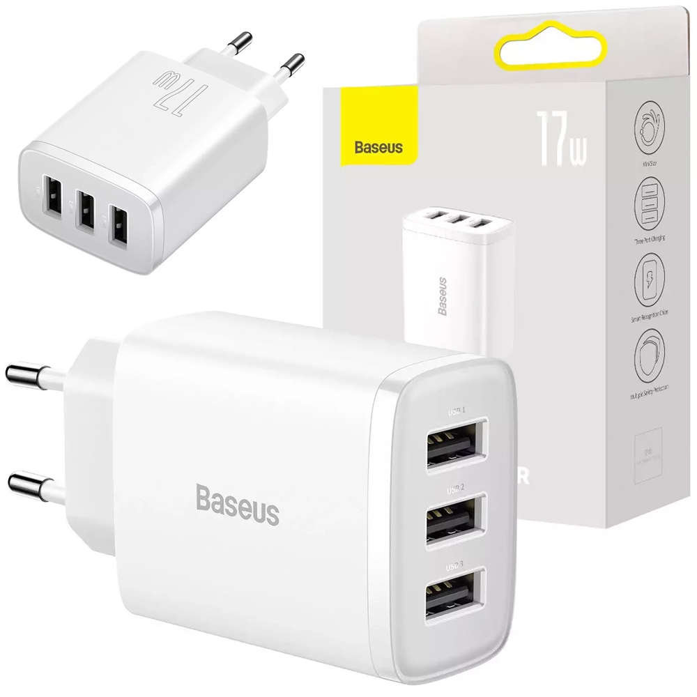 Ładowarka sieciowa Baseus Compact Quick Charger 3x USB 17W do telefonu tabletu słuchawek Biała