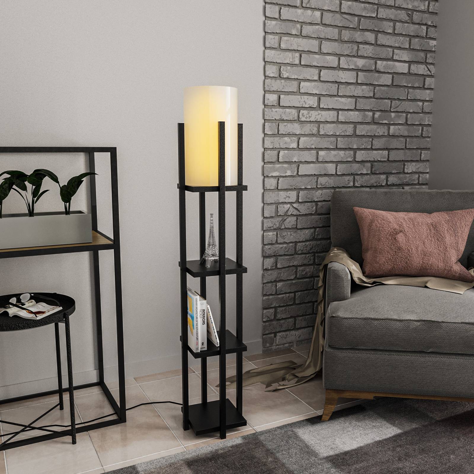 Opviq Lampa podłogowa 8111 czarna, półka, klosz biały