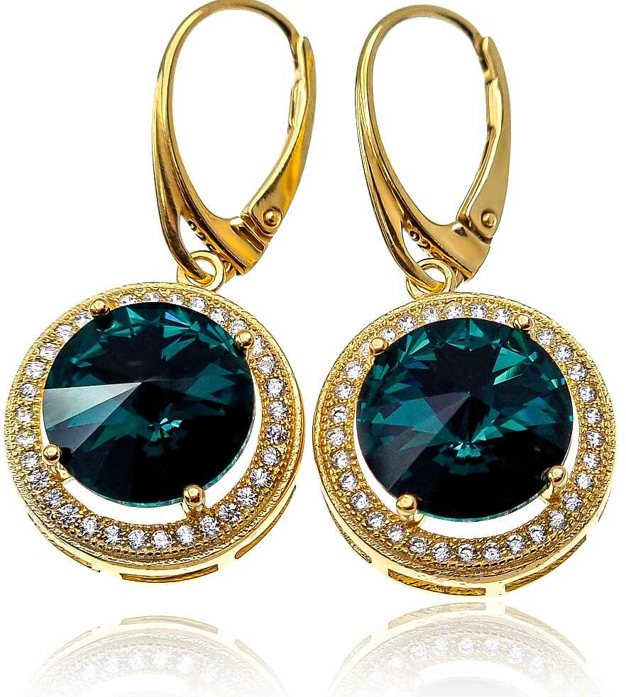 Kryształy Piękne Kolczyki Royal Paris Emerald Gold Złote Srebro Certyfikat