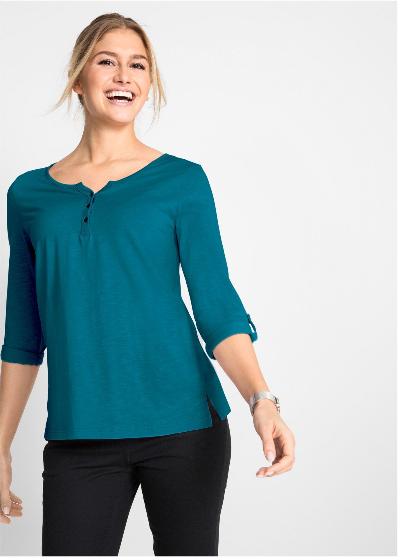 Lekki shirt bawełniany z plisą guzikową, długi rękaw - bonprix