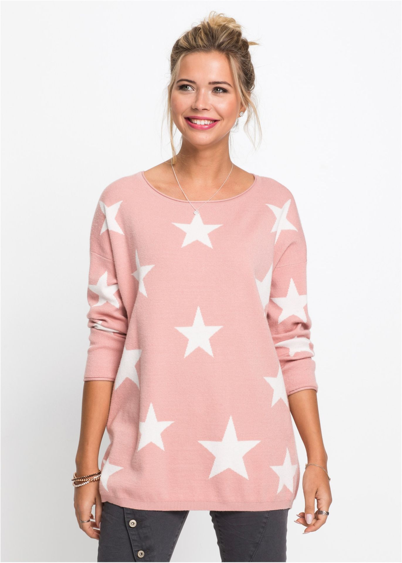 Sweter dzianinowy z nadrukiem w gwiazdy - bonprix