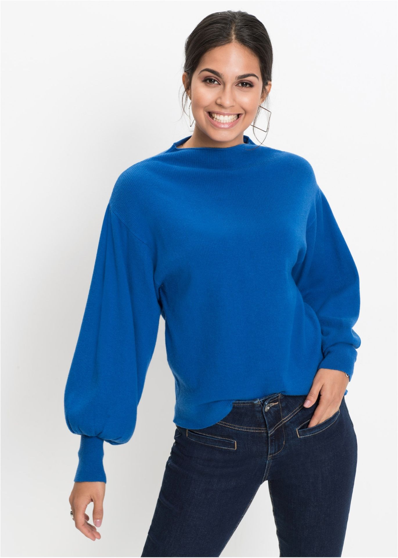 Sweter dzianinowy z balonowymi rękawami - bonprix