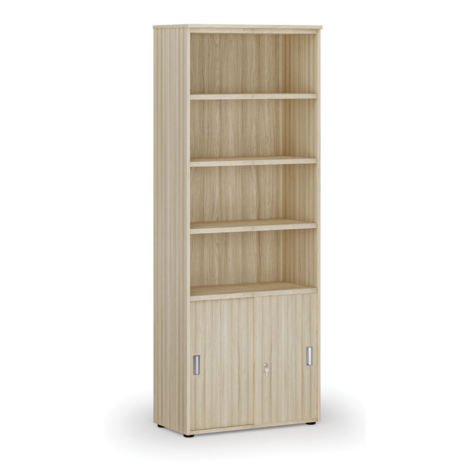Szafa biurowa kombinowana PRIMA WOOD, drzwi przesuwne na 2 poziomach, 2128 x 800 x 420 mm, dąb naturalny
