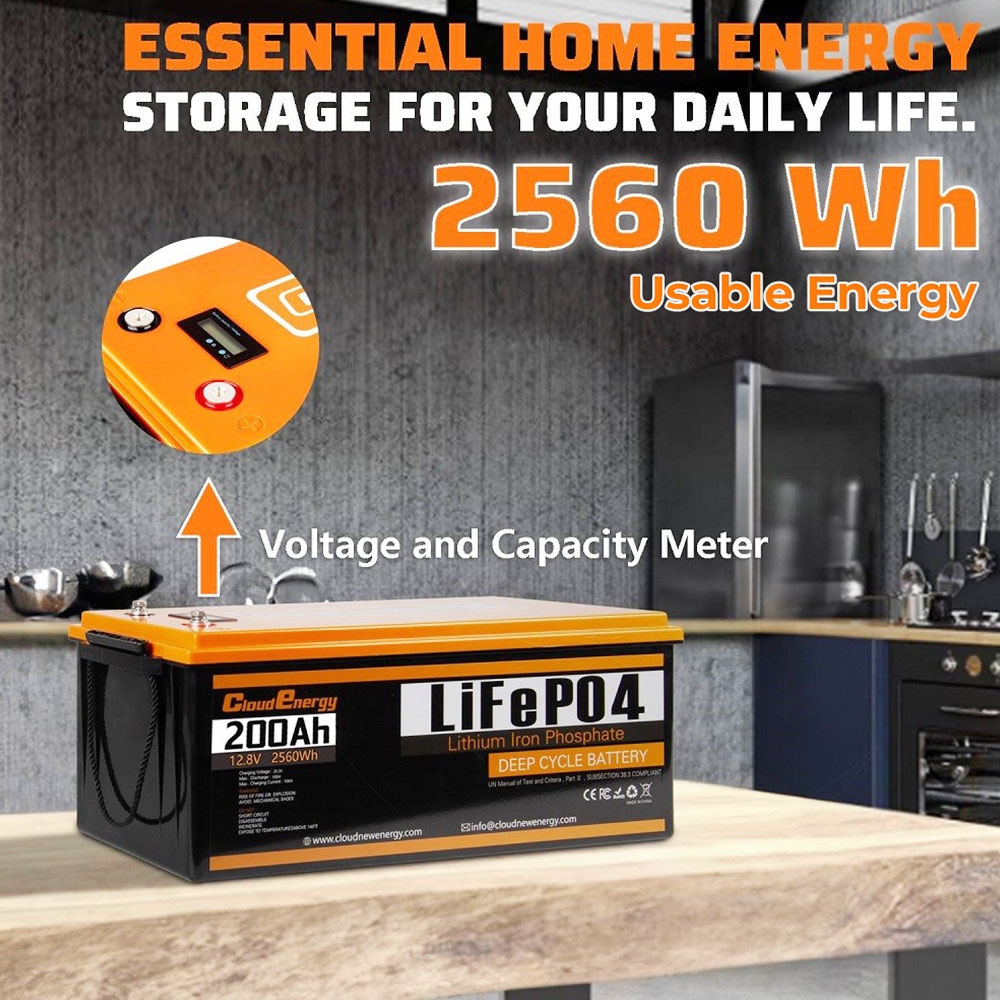 Akumulator zasilania awaryjnego LiFePO4 Cloudenergy 12V 200Ah, 2560Wh energii, 6000 cyklów, wbudowany BMS 100A