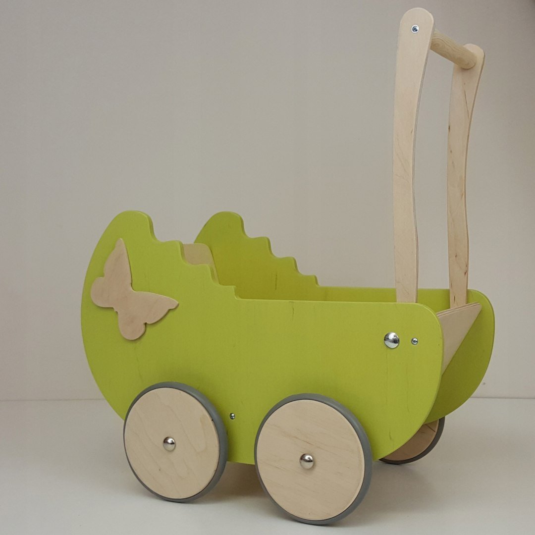 WÓZEK DLA LALEK falbana zielony z motylkiem