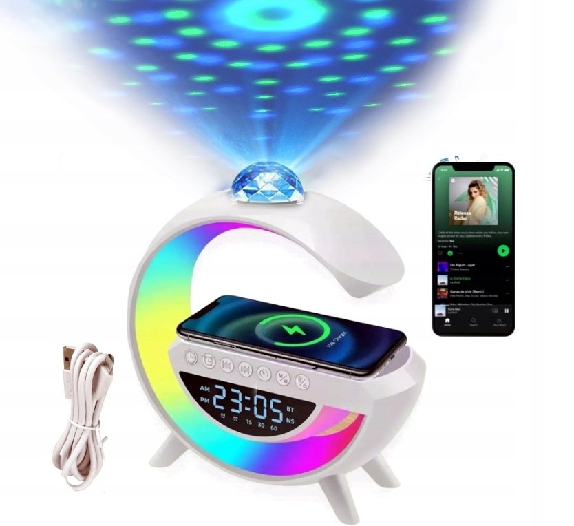 LAMPKA LED ŁADOWARKA GŁOŚNIK RGB Z WYŚWIETLACZEM ZEGAR PROJEKTOR KULA DISCO