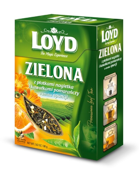 Loyd Tea Herbata Zielona Liściasta z płatkami nagietka i kawałkami pomarańczy o smaku opuncji 80 g+ 40 zł na dzień dobry w Klubie MediaMarkt ! Zielona Liściasta z płatkami nagietka i kawałkami