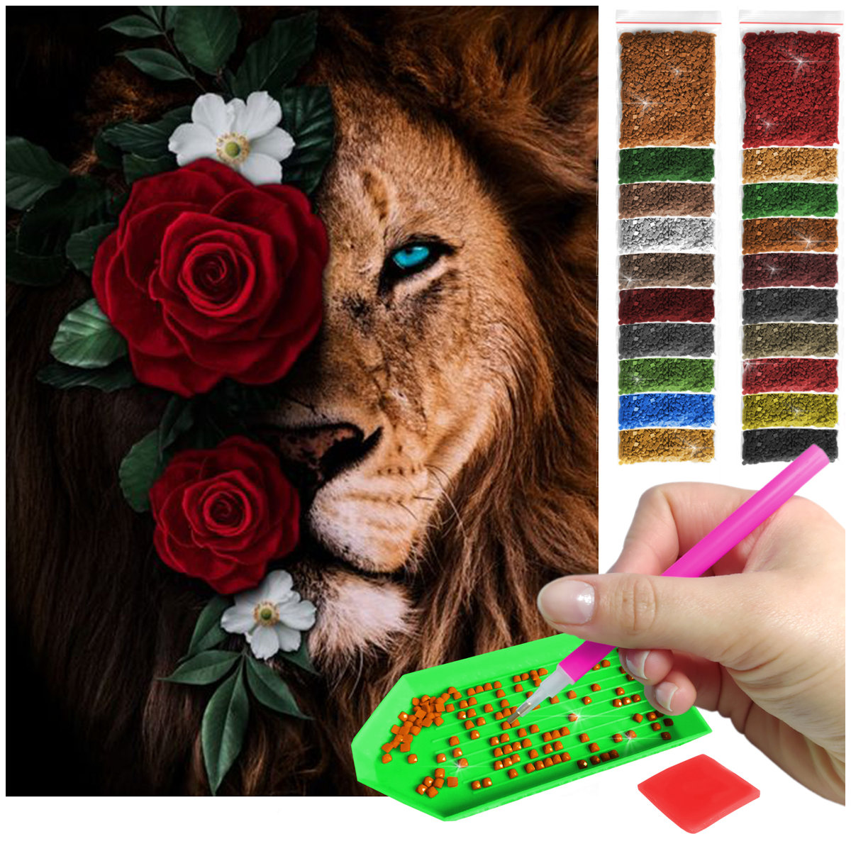 Haft Diamentowy ARTULIO, Obraz DIY 5D, Diamond Painting, Mozaika Diamentowa 30X40cm (Lew pośród kwiató) + Zestaw Akcesoriów