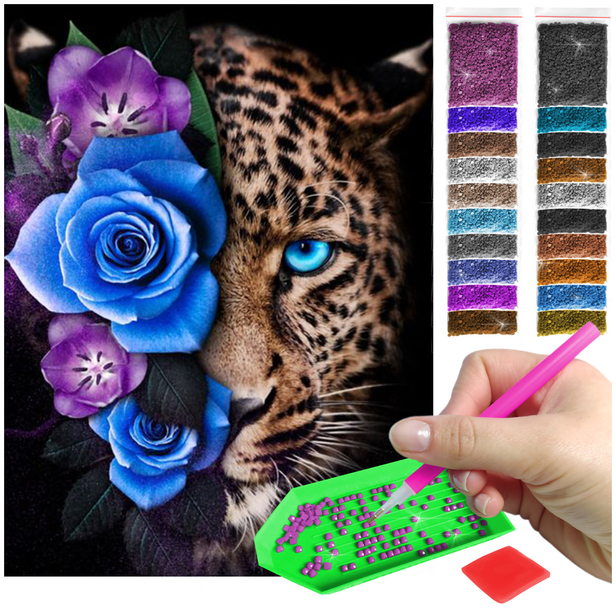Haft Diamentowy ARTULIO, Obraz DIY 5D, Diamond Painting, Mozaika Diamentowa 30X40cm (Tygrys pośród kwiatów) + Zestaw Akcesoriów