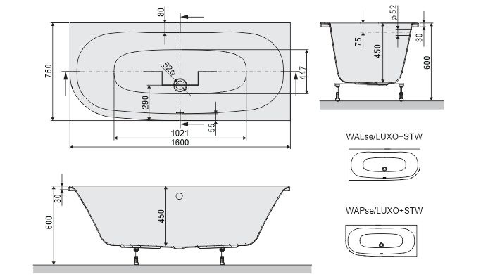 Sanplast WALse/LUXO Wanna przyścienna asymetryczna prawa 160 cm ze stelażem STW biała 610-370-1040-01-000