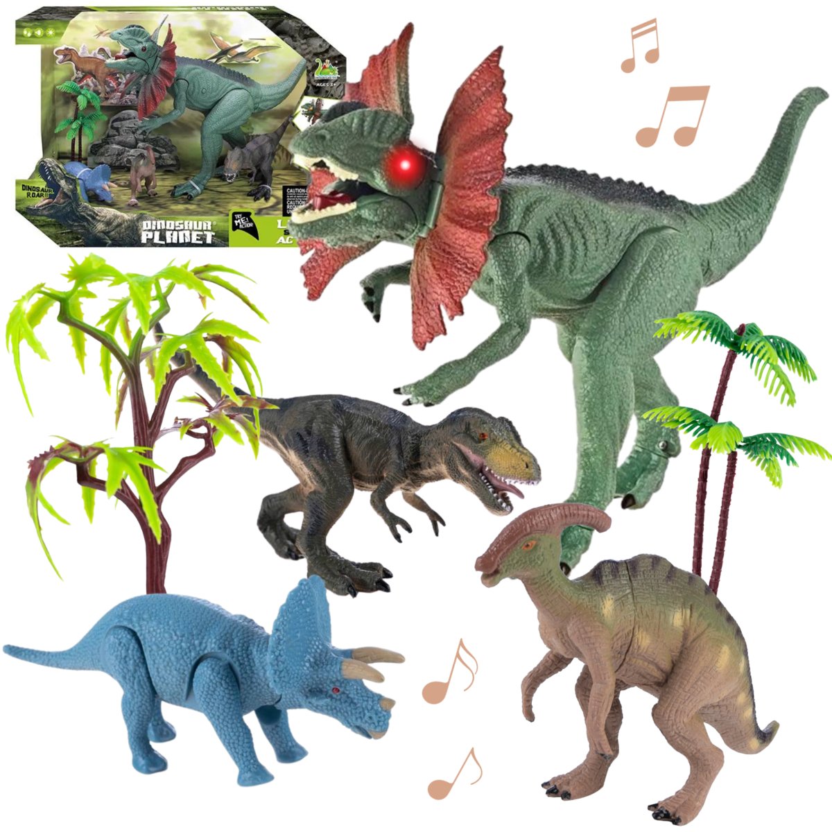 Duży Zestaw 4 Figurek Dinozaurów 2 Drzewka Światło Dżwięk Dinozaury Dino