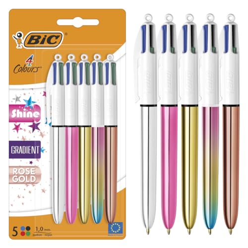 Bic 4 kolory błyszczące i gradientowe chowane długopisy kulkowe średnia końcówka (1,00 mm) w metalicznym srebrze, złotym, różowym, różowym złocie i pastelowym gradiencie - opakowanie 5 sztuk