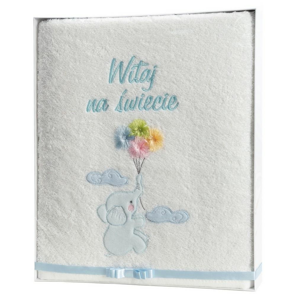 Ręcznik dziecięcy T/0369 w pudełku Baby 37 Słonik biały niebieski Witaj na świecie upominkowy na prezent
