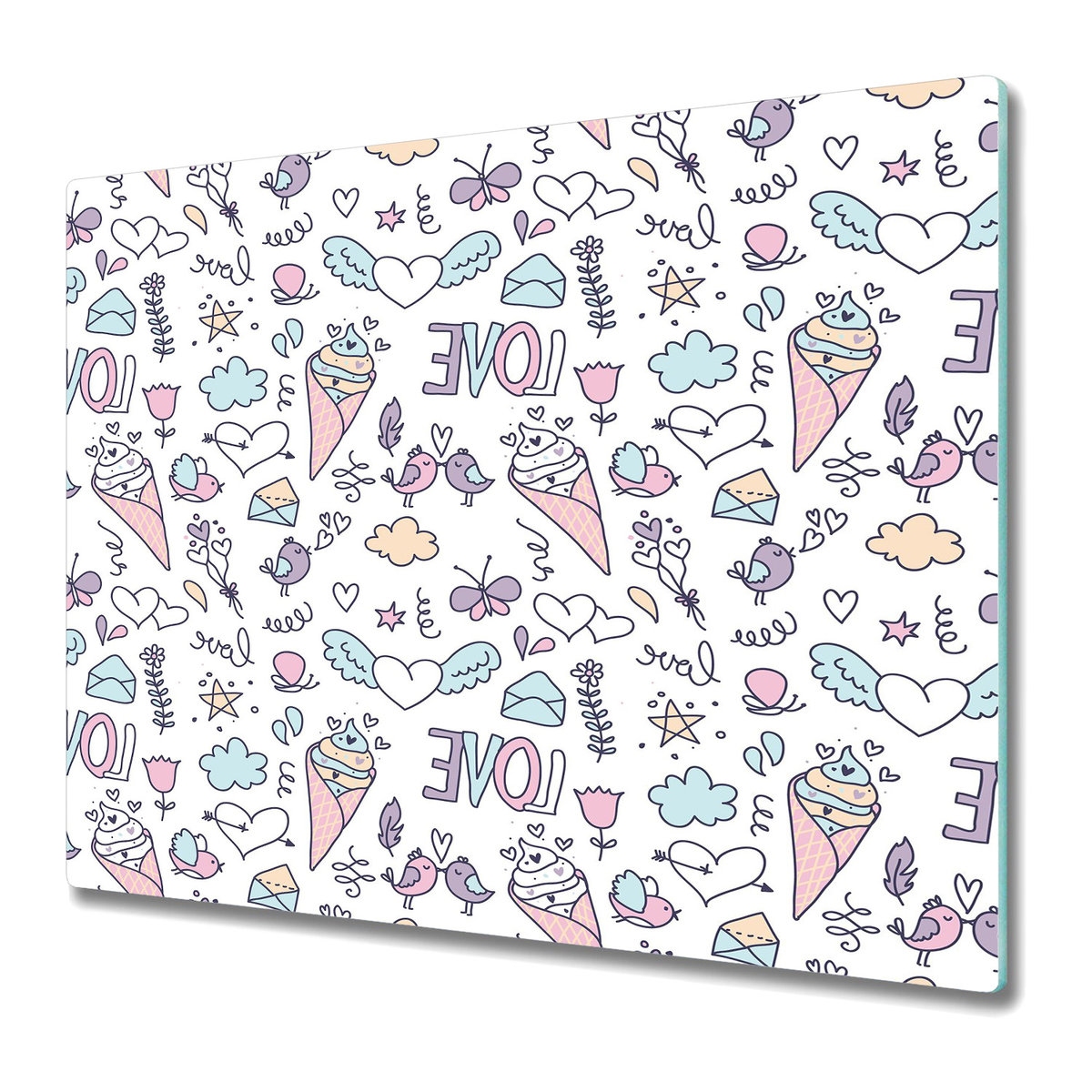 Dekoracyjna Deska Kuchenna ze Szkła 60x52 cm - Ptaki Miłość Lody Doodle