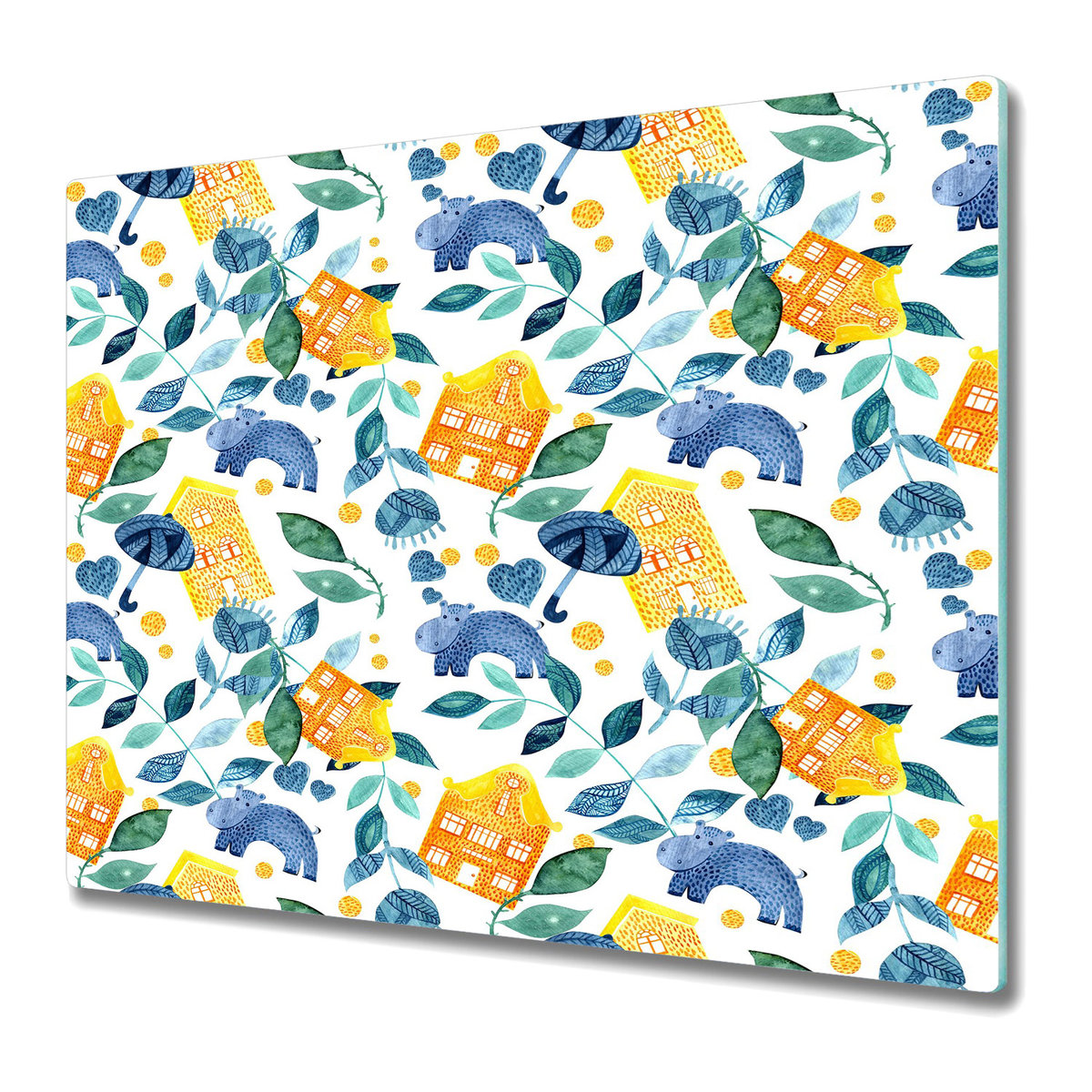 Dekoracyjna Deska Kuchenna ze Szkła 60x52 cm - Hipopotamy i domy pokój dziecięcy