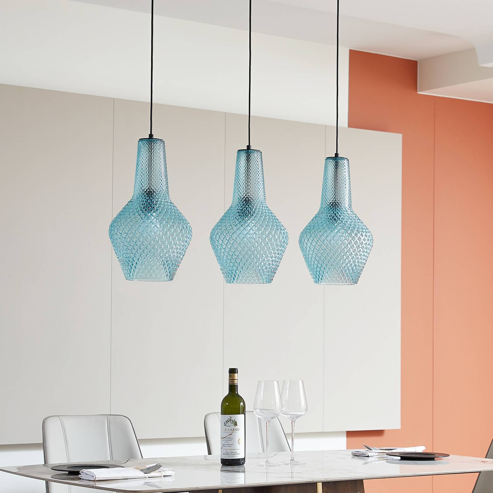 Lampa wisząca Lindby Drakar, 3-punktowa, jasnoniebieska, szkło, Ø 25 cm