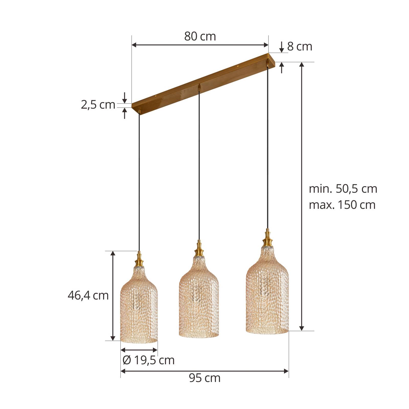 Lampa wisząca Lindby Drakar, 3-punktowa, bursztyn, szkło, Ø 19,5 cm