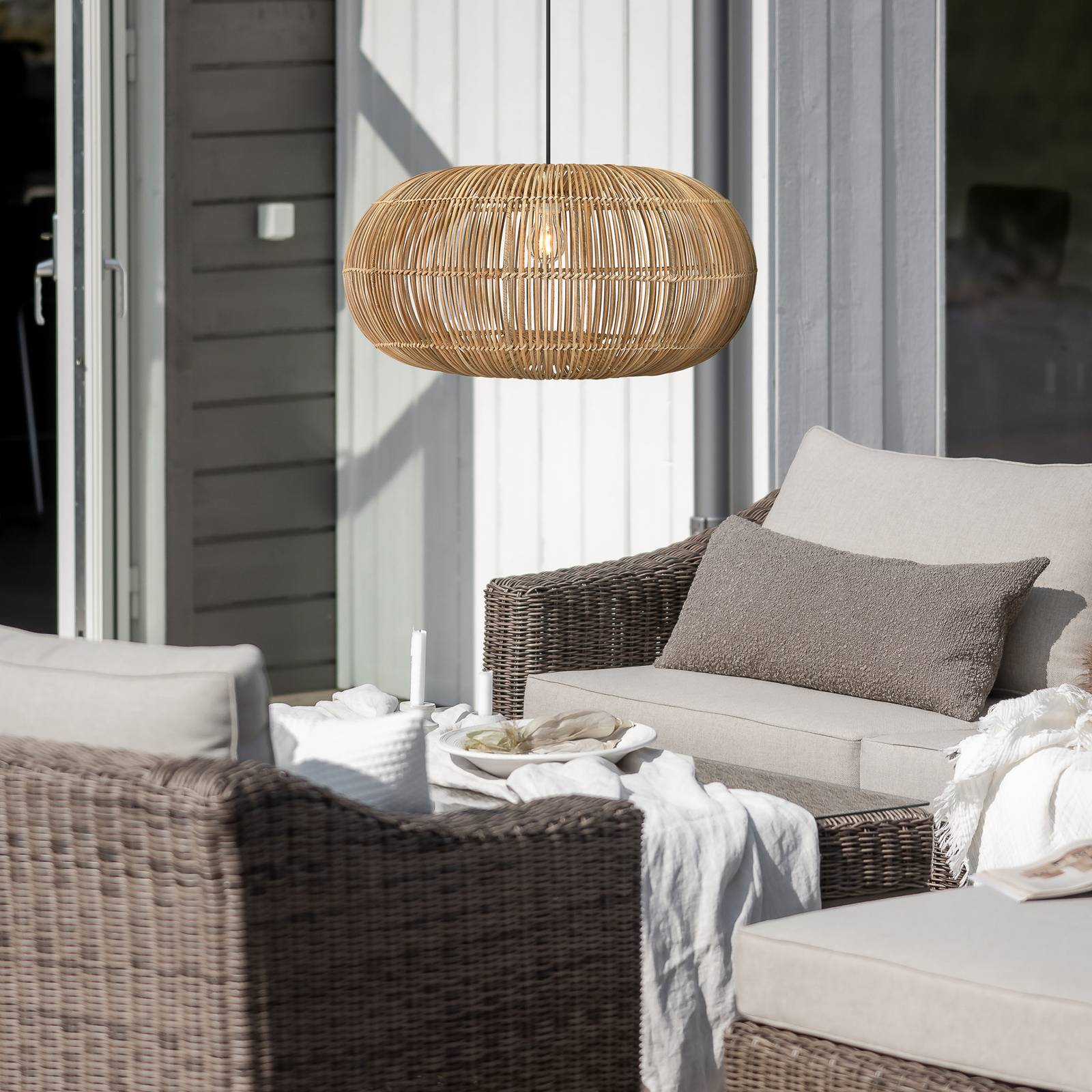 PR Home Zuri lampa wisząca zewnętrzna, rattan, Ø 61 cm, wtyczka