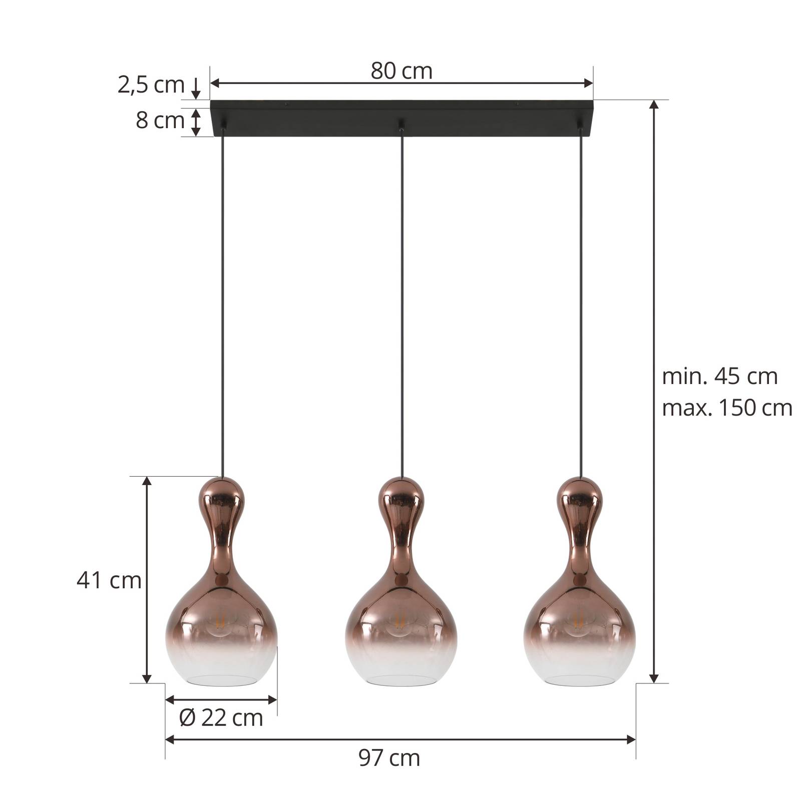 Lampa wisząca Lucande Lyrisa, 3-punktowa, kolor miedziany, szkło, 22 cm