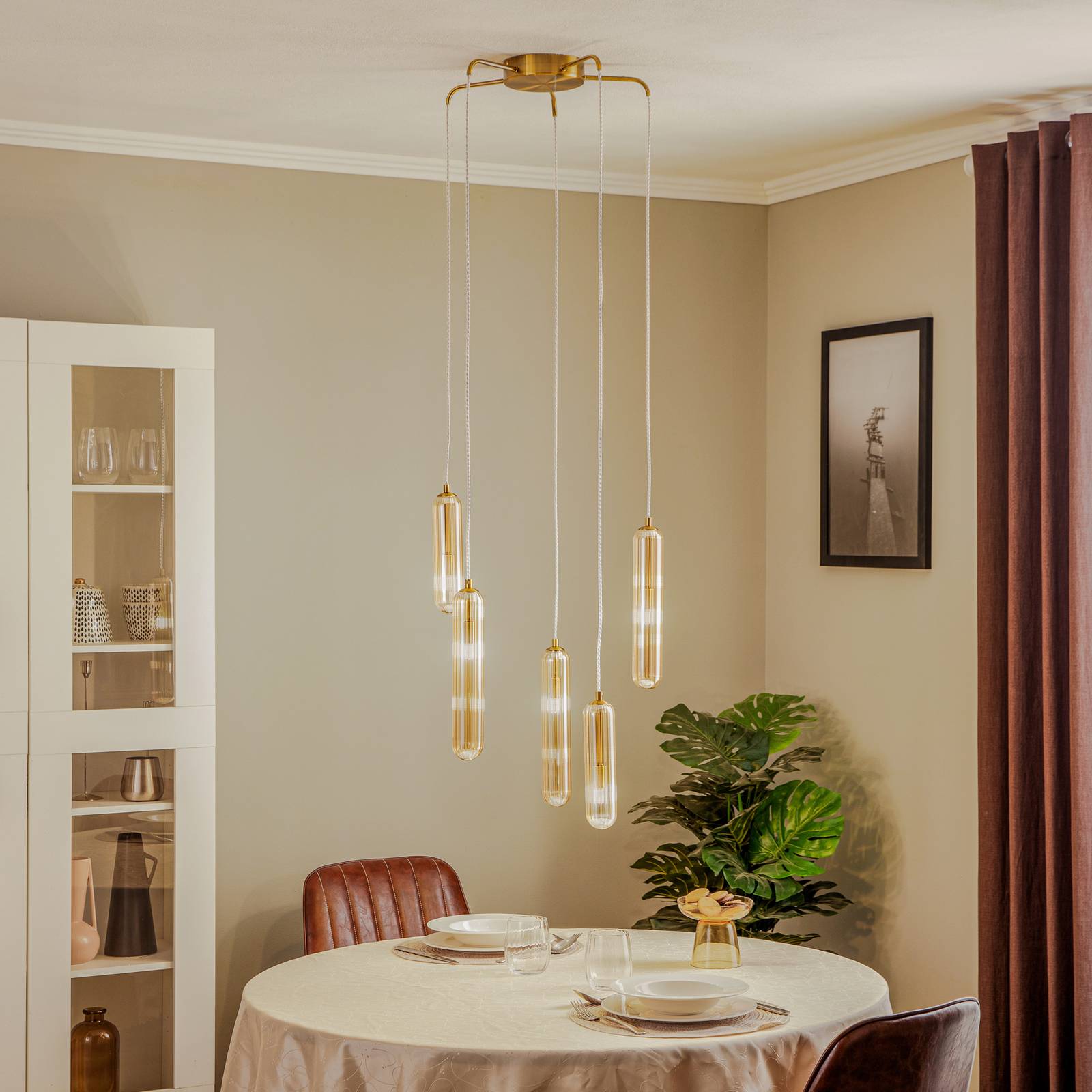 Lampa wisząca Lucande Freylin, 5-punktowa, bursztynowa, szkło, 48 cm