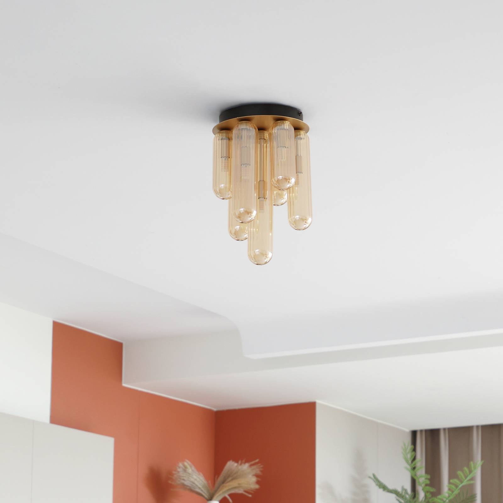 Lampa sufitowa Lucande Freylin, 7-punktowa, bursztynowa, szkło, 23 cm