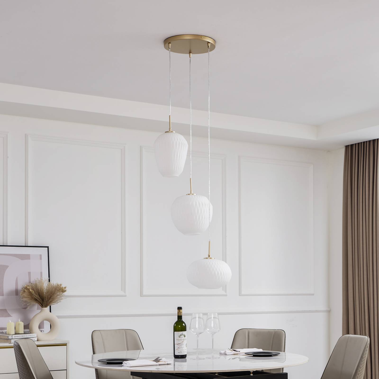 Lampa wisząca Lucande Quinara, 3-punktowa, opal, szkło, Ø 52 cm